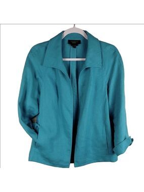 Talbots Teal Blue Pure Irish Linen Collared Long Sleeve Open Front Blazer